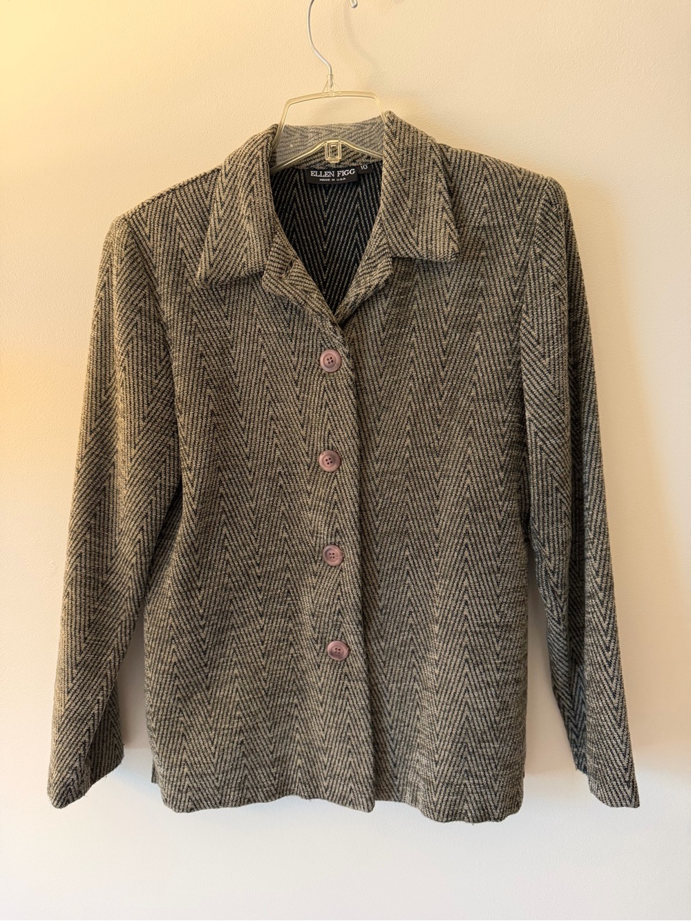 Ellen Tracy Black and Gray Herringbone Button Front Sweater Jacket